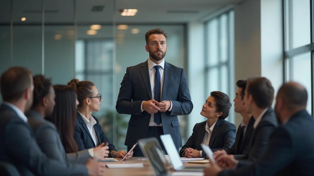 Профессиональная фотография консультанта, представляющего стратегию социальных медиа команде менеджеров на конференции